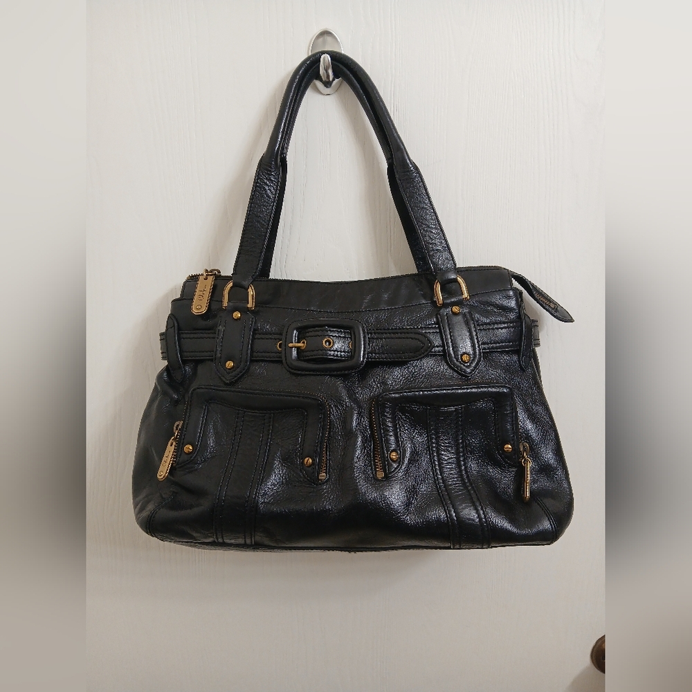 Cole Haan Saddle Black Leather Double Handle Belted Studded Shoukder Bag.